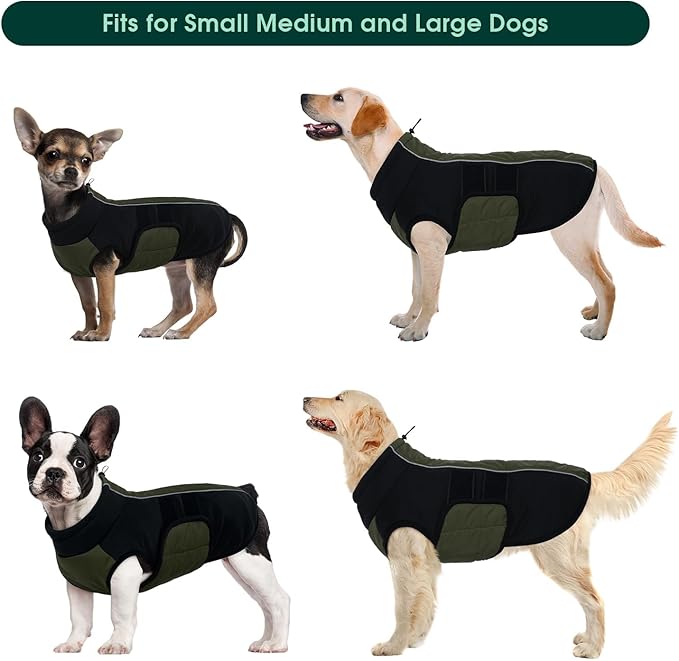 Kuoser Large Dog Coat, Winter Waterproof Dog Jackets for Large Dogs, Reflective Doggie Vest with Leash Hole, Cold Weather Coats Pet Snow Jacket for Labrador Beagle, Green XXL