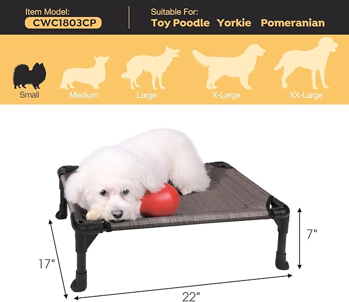 Veehoo Outdoor Elevated Dog Bed for Small Dogs, Cooling Raised Dog Cots Beds Training Platform Off Ground Hammock with Breathable Mesh, No-Slip Feet, 22"x17", Brown