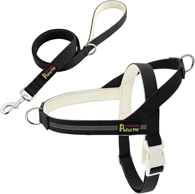 Plutus Pet Cotton Dog Harness and Leash Set, Reflective and Soft Padded, Quick Fit Vest Harness, for Small, Medium and Large Dogs, Black, XXS