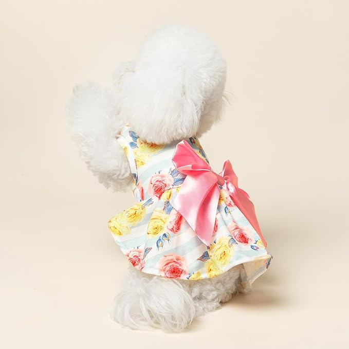 PUPTECK Floral Dog Dress for Spring Outfit Puppy Cute Small Dogs Clothes,Stripe,L