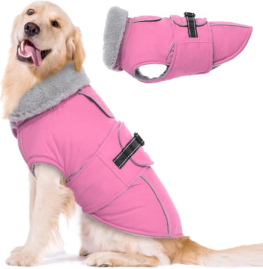 Lelepet Warm Dog Coat Reflective Fleece Vest Waterproof Dog Jacket with Adjustable Buckle Hook & Loop Windproof Cold Weather Coats for Small Medium Large Dogs, Pink, XXL