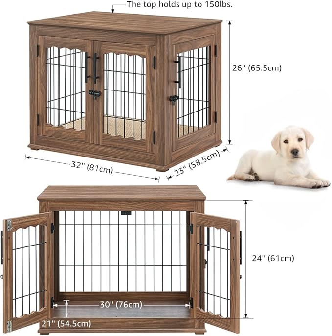 beeNbkks Furniture Style Dog Crate End Table, Double Doors Wooden Wire Dog Kennel with Pet Bed, Decorative Pet Crate Dog House Indoor Medium Large