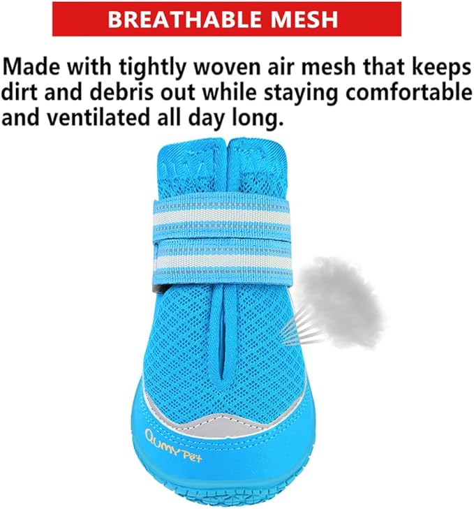 QUMY 4PCS Dog Boots for Large Dogs, Medium Dog Shoes & Paw Protectors for Hot Pavement, Summer Heat Protection, Mesh Breathable Nonslip Dog Booties for Hardfloors, Walking Running Hiking Blue Size 3