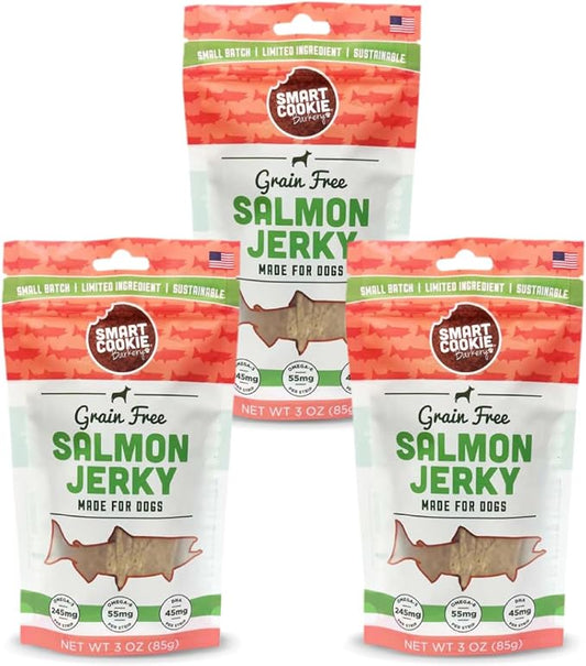Smart Cookie Salmon Jerky Dog Treats - DHA, Omega Strips for Dogs & Puppies with Allergies, Sensitive Stomachs with Wild Caught Alaskan Salmon- Dehydrated, Grain Free, Made in USA - 3oz Bag, Pack of 3