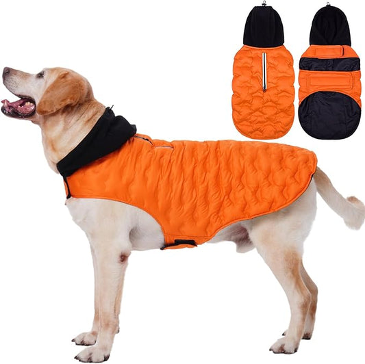 Nanaki Warm Dog Puffer Coat for Large Dogs-Lightweight Windproof Dog Coat with Hood, Water Resistant Pet Snowsuit for Cold Weather, Reflective Snowsuit, Adjustable Puffer Vest with Leash Hole, Orange