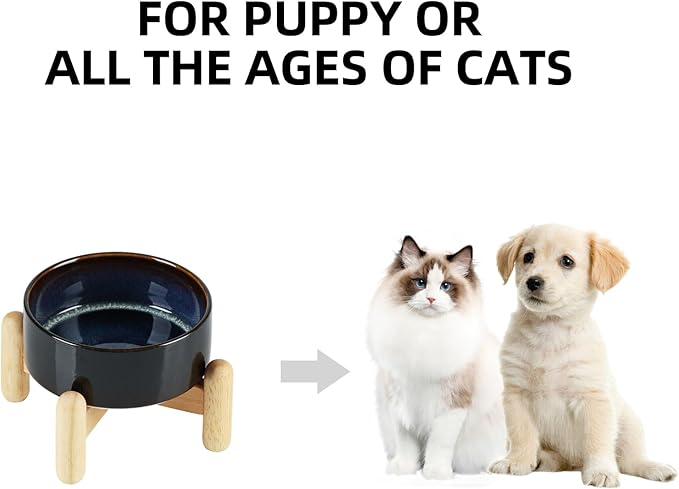 Ceramic 5.1inch Raised Dog and Cat Bowl Set, Elevated with Wooden Stand, Food and Water Bowl for Small Breed Dogs, Cats, Kitty, Weighted Dog Dishes, Pet Bowls(13.5oz, Starry Sky)