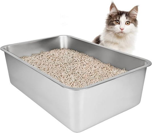 IKITCHEN Stainless Steel Cat Litter Box, Large Metal Litter Box for Cats, Never Absorbs Odors,Stain Free, Rustproof, Non Stick Smooth Surface, Anti-Slip Rubber Bottom, 23.5" L x 15.5" W x 8" H