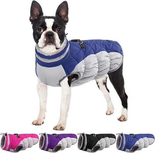 Winter Dog Coat,Large Dog Jacket,Waterproof Pet Jacket with Back Zipper,Pet Coat with Harness Built in,Warm Dogs Coat with Fleece Lined, Snow Jacket Clothes French Bulldog Shiba Inu,Blue,L