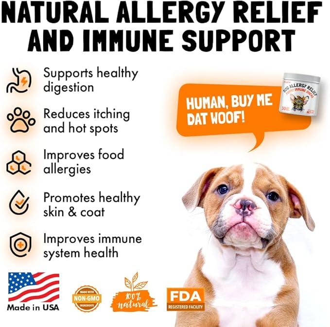 Allergy Relief Chews for Dogs & Immune & Digestive Supplement with Wild Salmon Oil Kelp Colostrum Turmeric Probiotics & Bee Pollen for Seasonal Allergies Anti Itch, Skin Hot Spots 30 Soft Treats