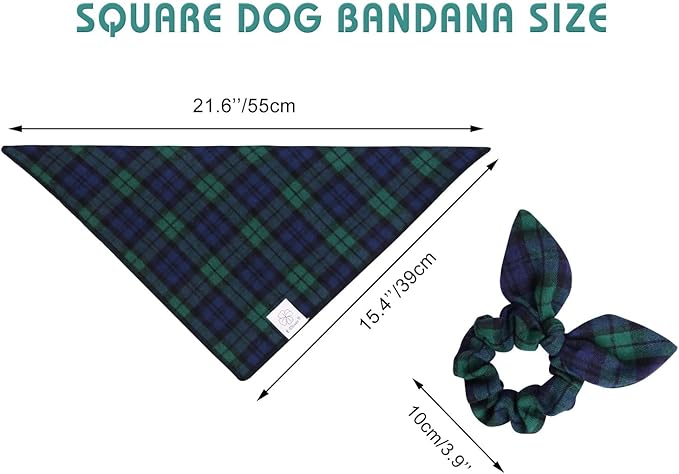E-Clover Christmas Dog Bandanas Boy & Matching Scrunchie Set Plaid Scarf Kerchief for Small Dog Puppy Bandana Pet Owner Blue Green Fall