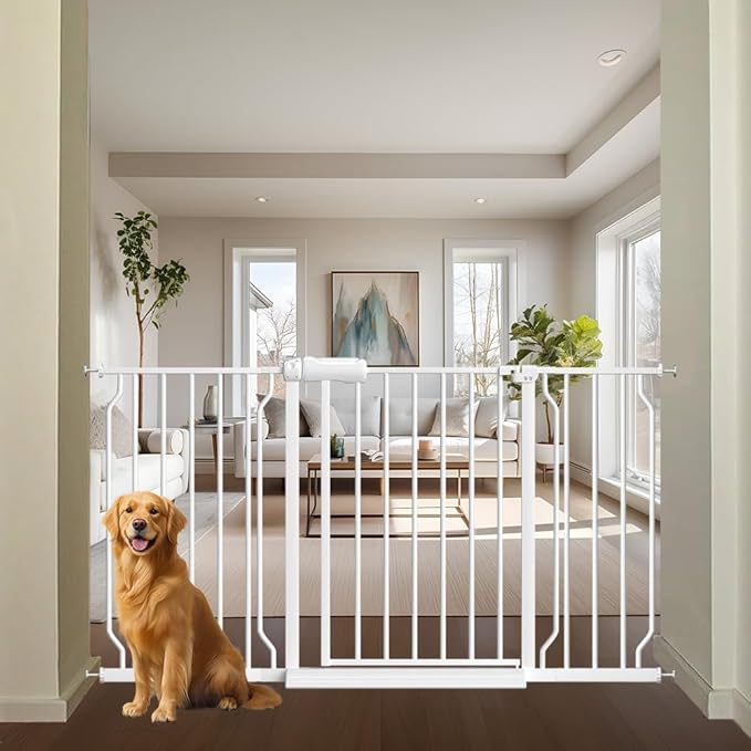 TSAYAWA Walk Through Baby Gate with Door, 53-57.48 Inch Wide Presure Mounted No Drill Metal Auto Close Child Gate for Stair Doorway - Indoor Outdoor Safty Gate for Toddler Dog Doggie, White