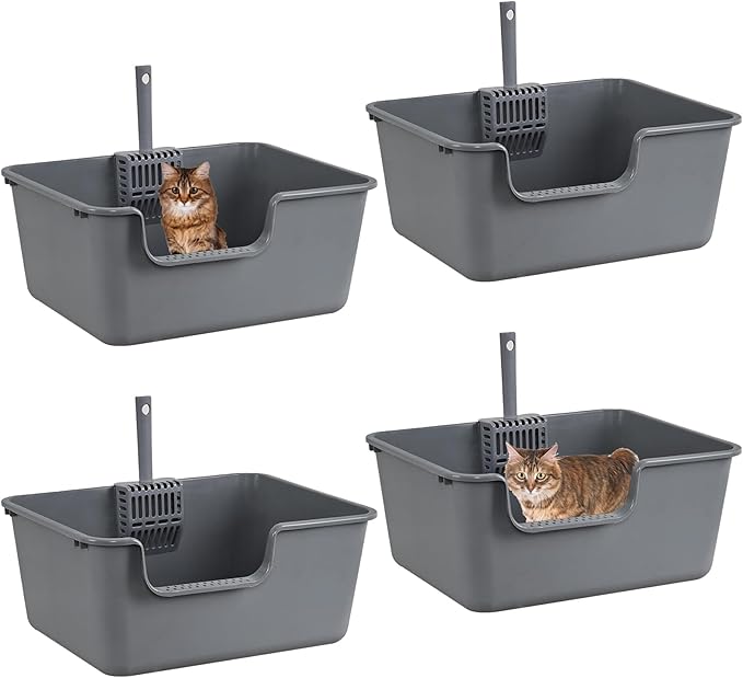 4 Packs Plastic High Wall Cat Litter Box with Scoop, Open Top Cat Litter Basin, Gray