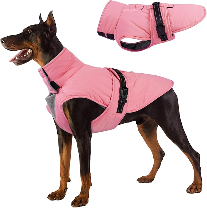 XXXL Dog Coat, Warm Dog Winter Jacket, Waterproof Dogs Snowsuit with Foldable High Collar, Reflective Strips, Leash Hole, and Adjustable Hook & Loop Closure - Ideal for Cold Weather - Pink 3XL
