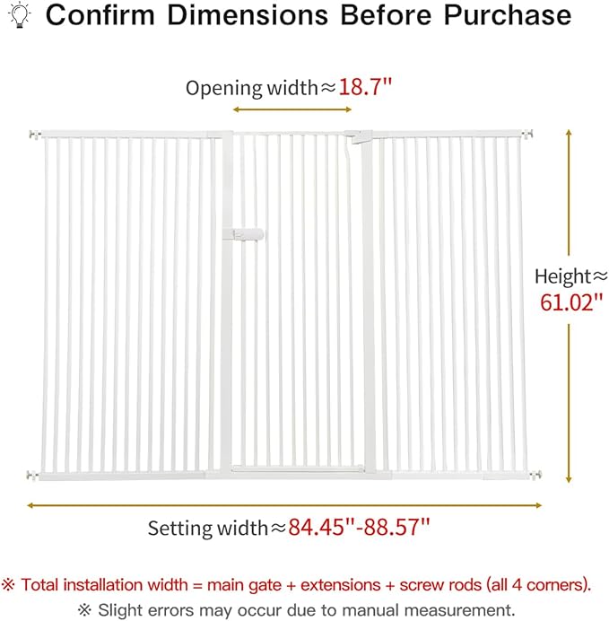 Lumizone Extra Tall Cat Gate 61.02" High Pressure Mounted Extra Wide 2025 New (17 Sizes) 1.37" Gap No Drilling Auto-Close One-Handed Operation Tall Pet Gate for Dogs(White,84.45"-88.57"/214.5-224.5CM)