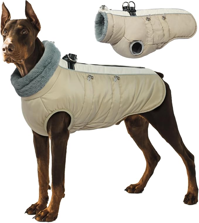 IDOMIK Warm Dog Coat with Harness, Waterproof Reflective Dog Jackets for Small Medium Large Dogs, Fleece High Collar Winter Jacket with Zipper, Pet Winter Snowsuit Clothes for Cold Weather,Khaki 2XL