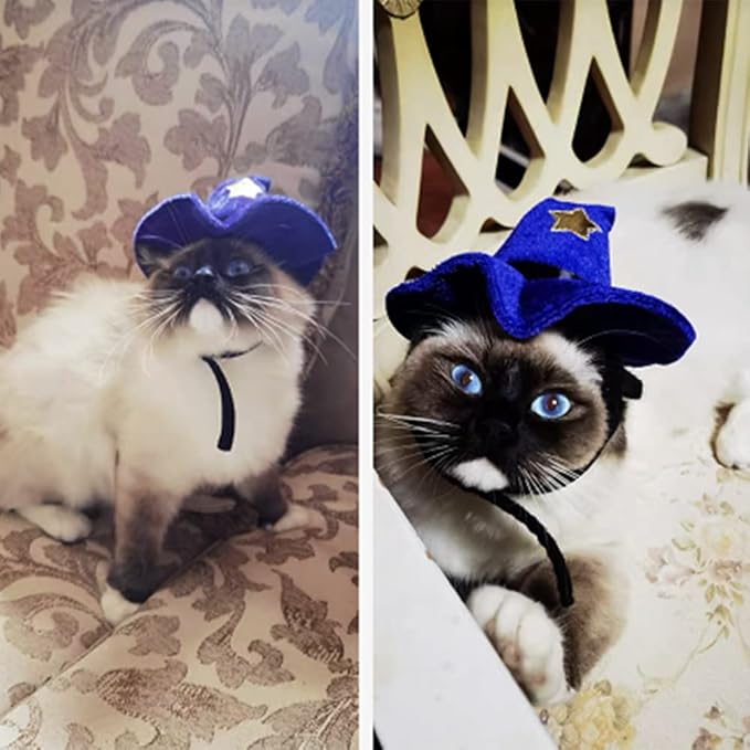 ANIAC Pet Halloween Costume Adjustable Magic Witch Hat with Bell Star Decor for Cats and Small Dogs Purple