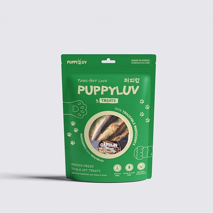 Puppyluv Capelin Treats for Dogs & Cats – Freeze-Dried Whole Fish, High Protein, Omega 3/6/9, Healthy Skin & Coat, Grain-Free, Natural Training Treats, 2.6oz
