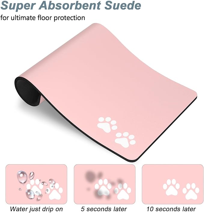 Rnivvi Dog Food Mat, 12" x 19" Footprint Absorbent Dog Cat Bowl Mat for Food and Water, Cute Anti-Slip Rubber Pet Feeding Rug Protect Floors, Puppy Placemat for Feeding & Watering Supplies, Pink