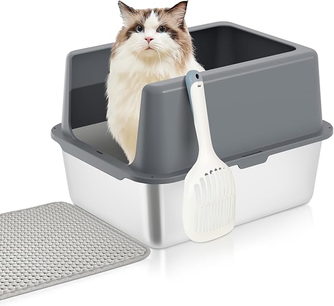 Stainless Steel Cat Litter Box, Covered Metal Litter Tray, Cat Litter Pans with High Sides, Kitty Litter Box for Small and Medium Cats (Non Sticky, Anti-Urine Leakage) 17.5" L x 13.5" W x 6" H