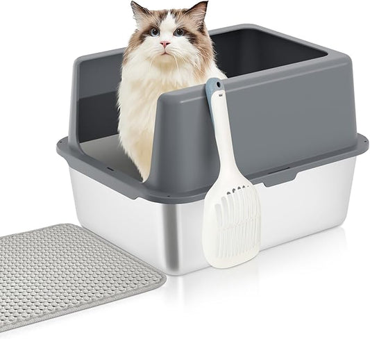 Stainless Steel Cat Litter Box, Covered Metal Litter Tray, Cat Litter Pans with High Sides, Kitty Litter Box for Small and Medium Cats (Non Sticky, Anti-Urine Leakage) 17.5" L x 13.5" W x 6" H