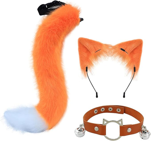 Cat Ears and Wolf Fox Animal Tail Cosplay Costume Faux Fur Hair Clip Headdress Halloween Leather Neck Chocker Set
