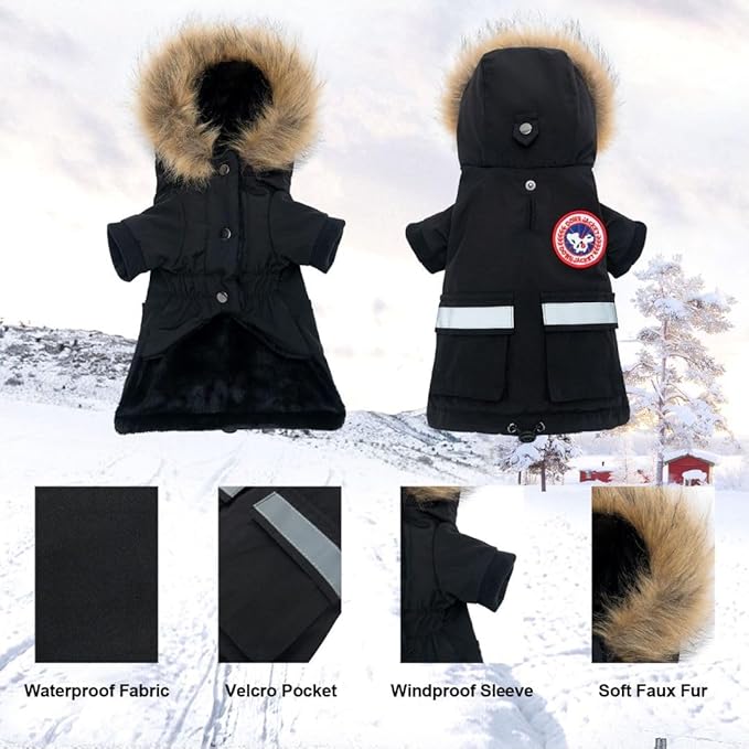 PINA Dog Coats - Waterproof, Warm Winter Jacket with Faux Fur Hood & Pocket