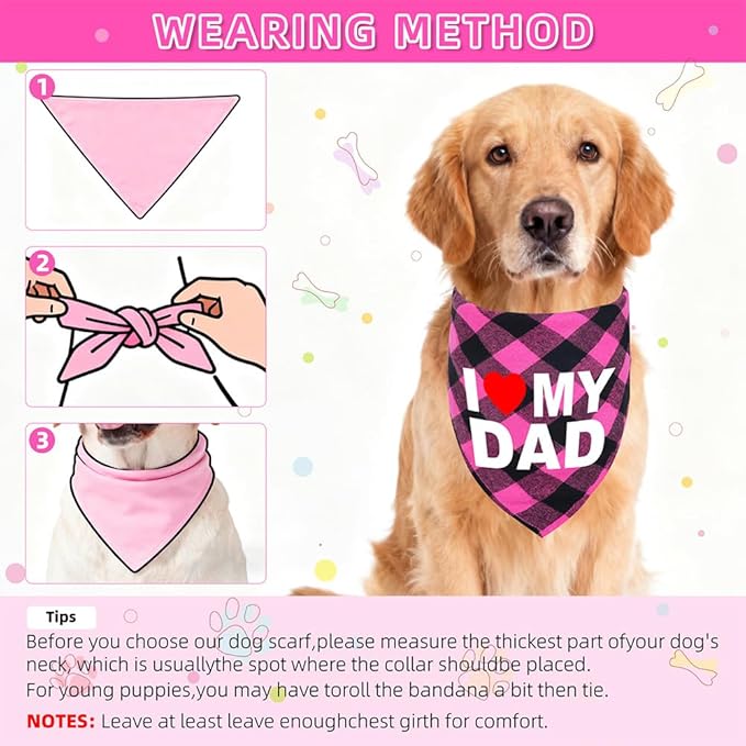 GreenJoy Cute Plaid Dog Bandana – Washable Pet Triangle Scarf for Small, Medium, Large Dogs and Cats, Adjustable Pet Accessory for Birthday, Wedding and Christmas (Pink (I Love My Dad), Medium)