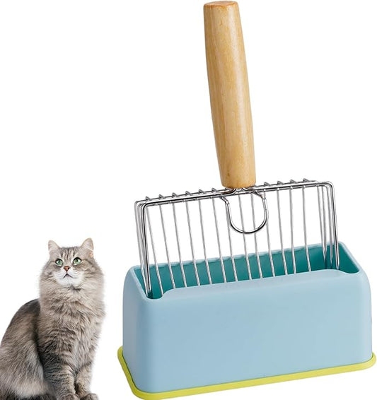 Metal Cat Litter Scoop Kitty Metal Scooper with Hook and Hole, Heavy Duty Stainless Steel Shovel with Wooden Stainless Steel Kitten Poop Lifter for Litter Box(Blue)