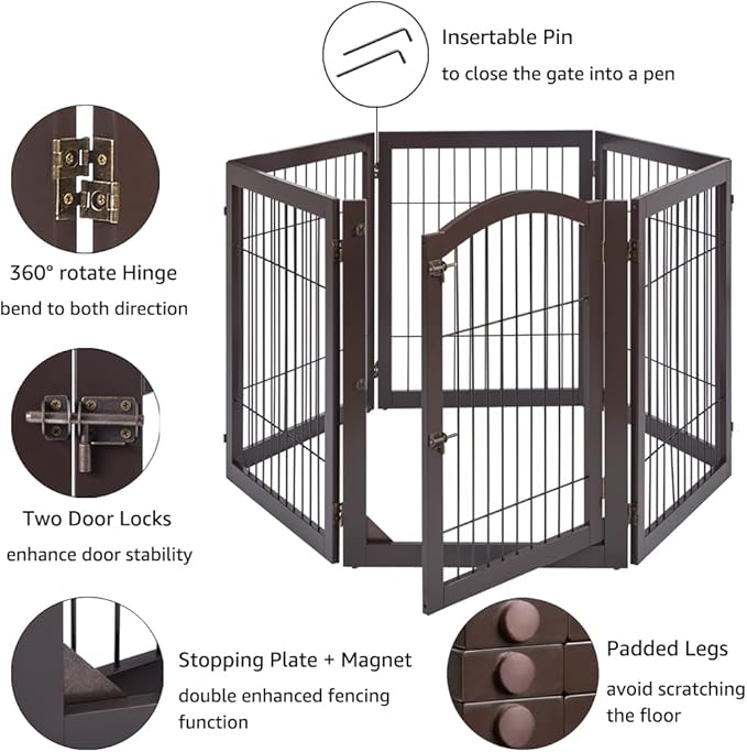 unipaws 144" Extra Wide Dog Gate and Pet Playpen, Free Standing Tall Dog Fence with Walk Through Door, Barriers for Home, Use as Indoor Cats Pen, Rabbit Pen, Espresso