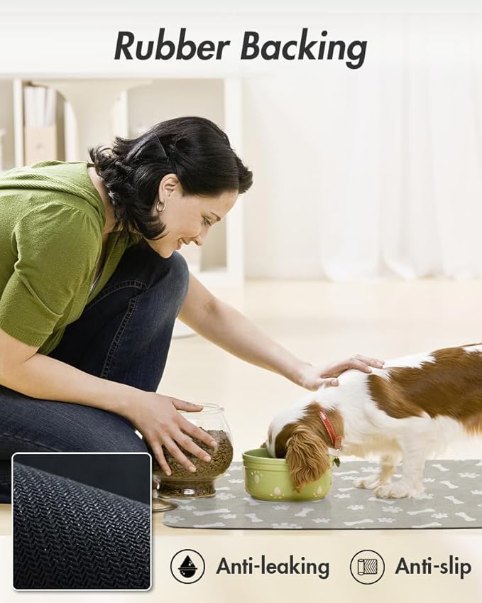 MontVoo Dog Food Mat-Pet Feeding Mat for Food and Water-No Stains Quick Dry Dispenser Cat Bowl Mat for Messy Drinkers(17"x28" Grey)