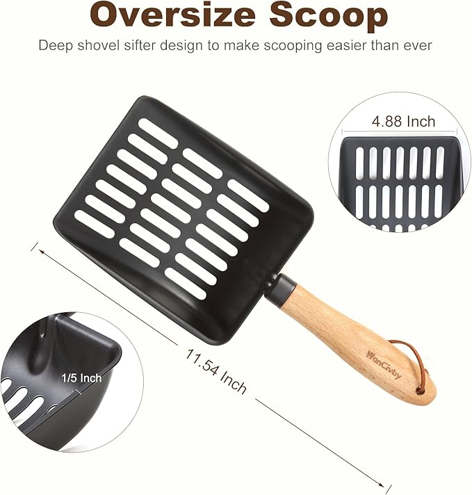 Premium Cat Litter Scoop with Ergonomic Beech Wood Handle - Stainless Steel Sifter with Hook & Hole for Easy Cleaning, Durable & Odor-Free (Teflon)
