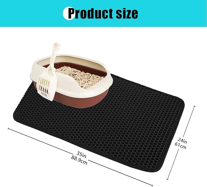 Cat Litter Mat, Kitty Litter Collector, Double Layered Honeycomb Design Waterproof, Anti Urine, Anti Slip, Easy to Clean, Limit Garbage (35"x24", Black)