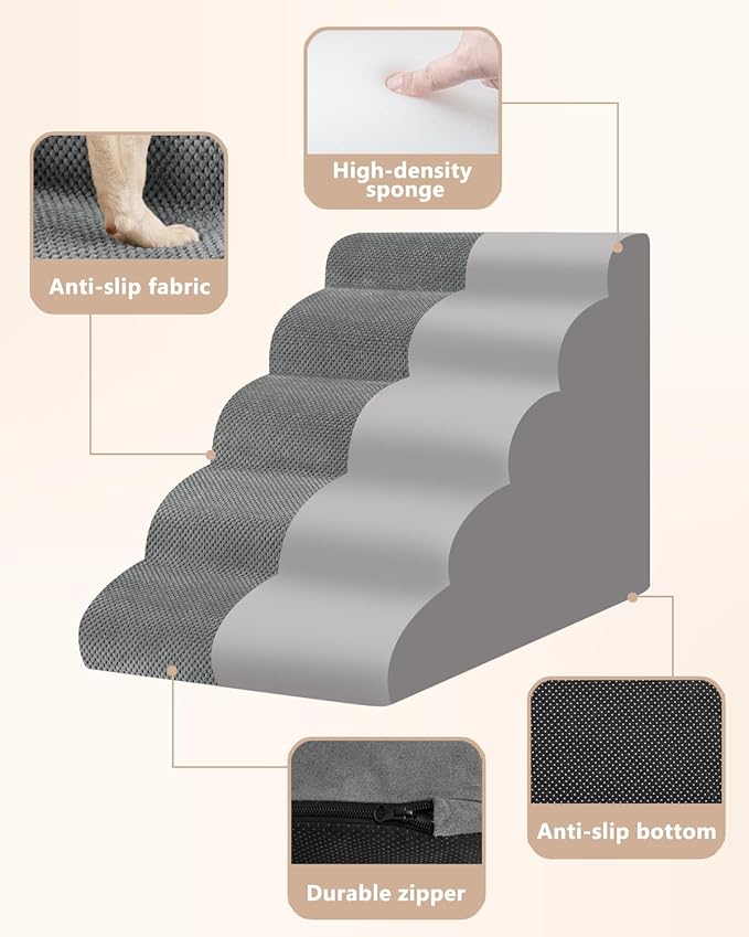 Dog Stairs for High Bed,5 Step Dog Ramp for Small and Medium Dogs,Pet Stairs with Non-Slip Bottom for Puppy, Older Cat,Indoor Pet Steps,Comfort,Durable,22.4" H,Grey