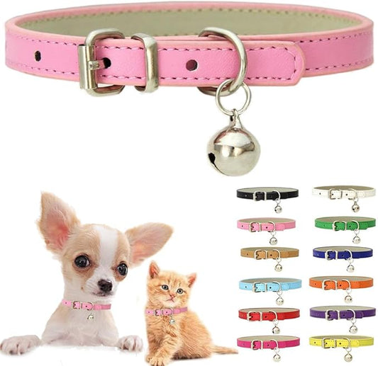 Pink XXS Cat Collar with Bell, Soft Pu Leather Puppy Collars Adjustable Buckle for XS Extra Small Medium Tiny Female Girl Pets Dogs Kitten Teacup Yorkie XX-Small