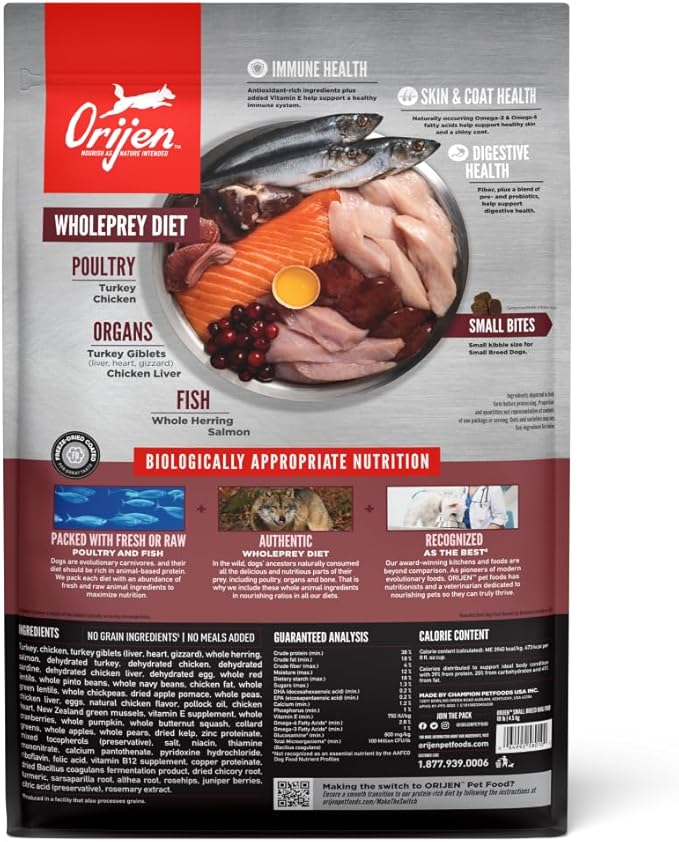 ORIJEN Grain Free High Protein Dry Dog Food Small Breed Recipe 10lb Bag