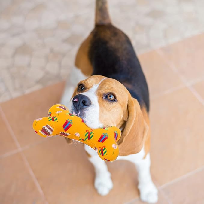 SCENEREAL Dog Birthday Party Gift Squeaky Dog Toys - 4 Packs Pet Plush Toy Durable Cute Bone Interactive Dog Stuffed Toys with Squeaker Chew Toys for Small Medium Dogs Puppies (Bone Pattern)