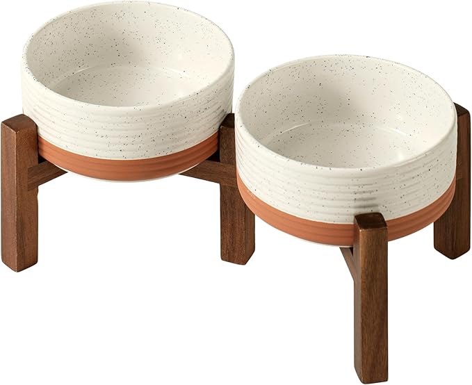 Ceramic 6.1inch Raised Double Dog Bowls Set with Acacia Wood Stand, 2 Heights Elevated, Food & Water Bowls for Small Dogs(28.2oz, Vanilla White)
