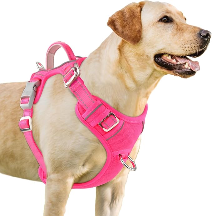 BARKBAY No Pull Dog Harness 3 Buckles Large Reflective Dog Harness with Front Clip and Easy Control Handle for Walking Training Running with ID tag Pocket(Pink,M)