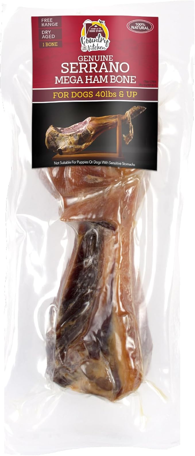 Country Kitchen Genuine Serrano Mega Ham Bone, 100% Natural, Dry Aged, for Large Dogs, Pack of 1