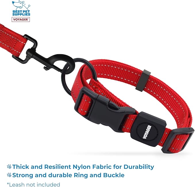 Best Pet Supplies Reflective Dog Collar with Adjustable Length, Heavy-Duty Buckle, and Strong Leash D-Ring, Training, Walking, Jogging Accessory for Small, Medium, and Large Breeds - Red, L