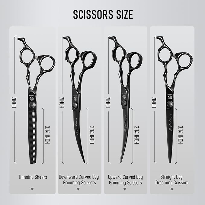 Purple Dragon Dog Grooming Scissors Set - Thinning, Straight, Up & Down Curved Scissors and Comb, 7 Inch Black Shears with Adjustable Screw for Dogs and Cats