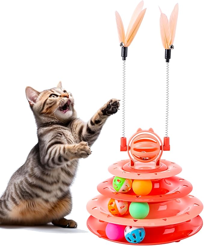 Kitten Toys, Interactive Cat Puzzle Toys for Indoor Cats, Cat Tower with 2 Kitty Teasers and Ball Track (Orange)