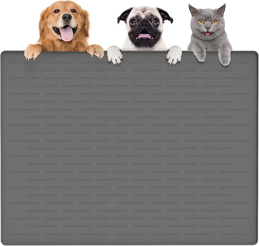 Largest Dog Food Mat, 39.5"x29.5" Silicone Dog and Cat Mat for Food and Water Bowls, Thinken Waterproof Non-Slip XXXL Pet Feeding Mat for Floors (Dark Gray)