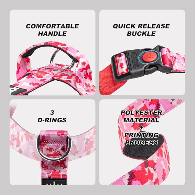 TSPRO Premium Heavy Duty Dog Harness, Adjustable Tactical Dog Harness for Large Dogs with Quick-Release Buckle and Comfortable Soft Handle for Outdoor Walking and Running (Camo Pink M)