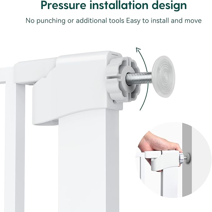 Babelio 36" Tall Auto Close Baby Gate with Small Cat Door, 29-43" Metal Cat Gate for Doorway, Stairs, House. Easy Walk Thru Dog Gate with pet Door, Includes 4 Wall Cups and 3 Extension Pieces, White