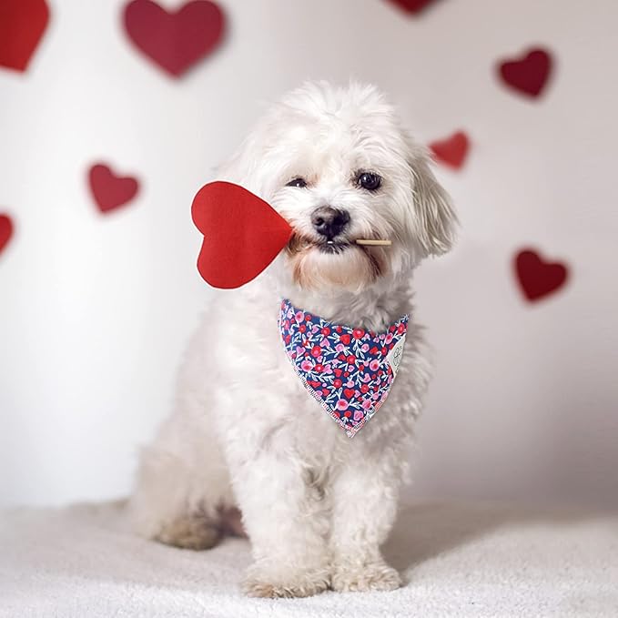 E-Clover Cute Girl Dog Bandanas & Matching Scrunchie Set Heart Dog Bandana Scarf with Bow Hair Ties for Small Puppy Dogs Pet Owner Mom Gifts Pink Floral