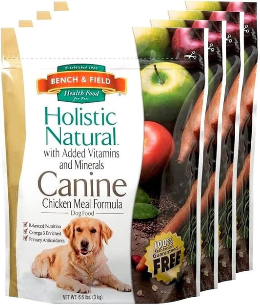 Bench & Field Holistic Natural Adult Dry Dog Food, Chicken Meal and Brown Rice Recipe 6.6 lb Bags (Pack of 4)