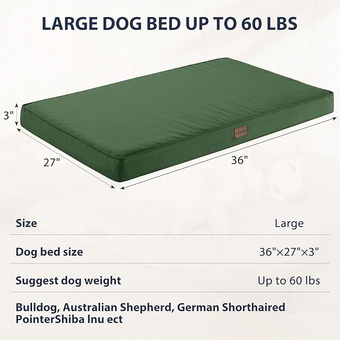 BFPETHOME Outdoor Dog Bed for Large Dogs, Waterproof, Orthopedic with Removable Washable Cover, Egg Crate Foam Mat (36 x 27in, Green)