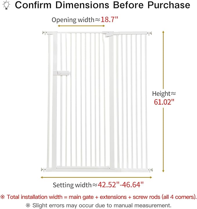 Lumizone Extra Tall Cat Gate 61.02" High Pressure Mounted Extra Wide 2025 New (17 Sizes) 1.37" Gap No Drilling Auto-Close One-Handed Operation Tall Pet Gate for Dogs(White, 42.52"-46.64"/108-118CM)
