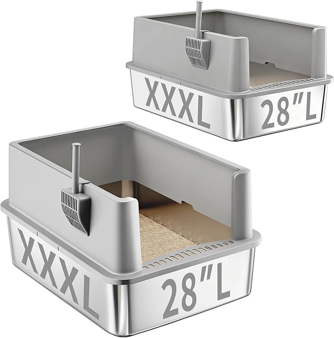 2 Pack 28" Extra Large XXL Stainless Steel Cat Litter Boxes with Lid Metal Cat Litterbox Pan for Big Cats and Multiple Cats, Anti-Leakage, Easy Cleaning, Include Scoop